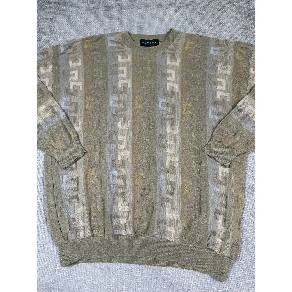 Tundra Canada Sweater Mens XL Pullover Knit Beige Green Geometric Crew 90s Cosby